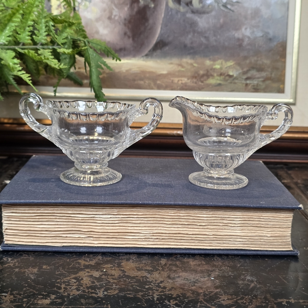 Cambridge Glass Gadroon Clear Creamer & Sugar Set Individual Size Vintage 1930s
